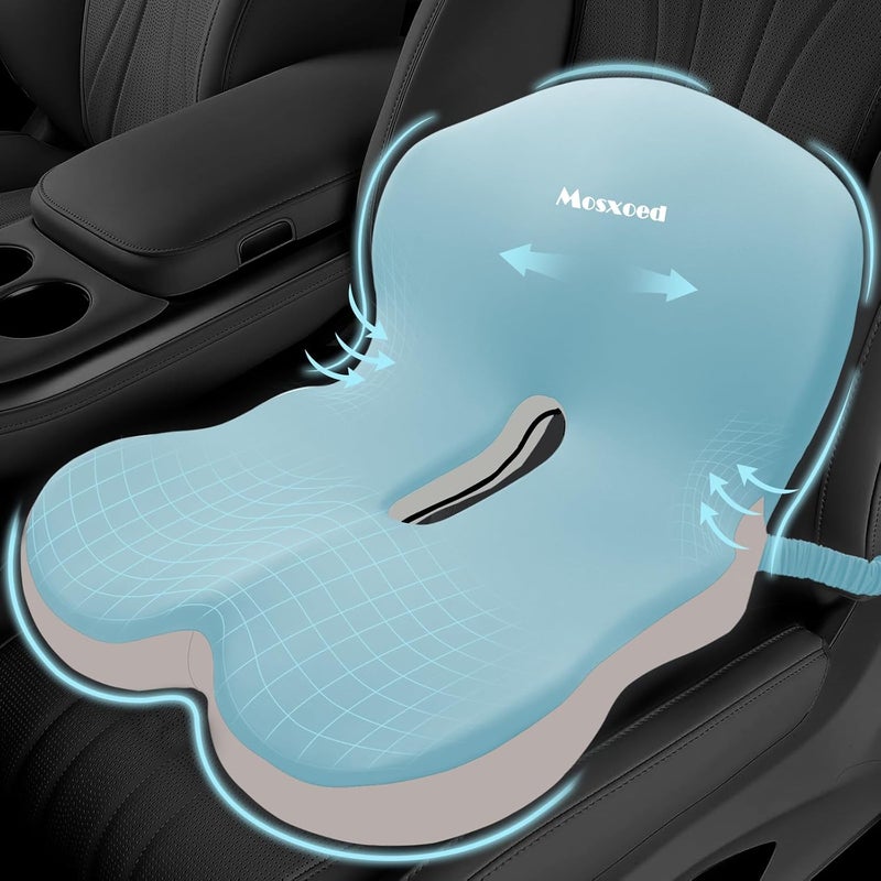 Mosxoed Memory Foam Seat Cushion for Sciatica & Back Pain Relief - Ergonomic Chair Pad with Adjustable Strap & Supportive Comfort Cover, Non-Slip for Car, Truck, Office Chair - Blue - Image 1